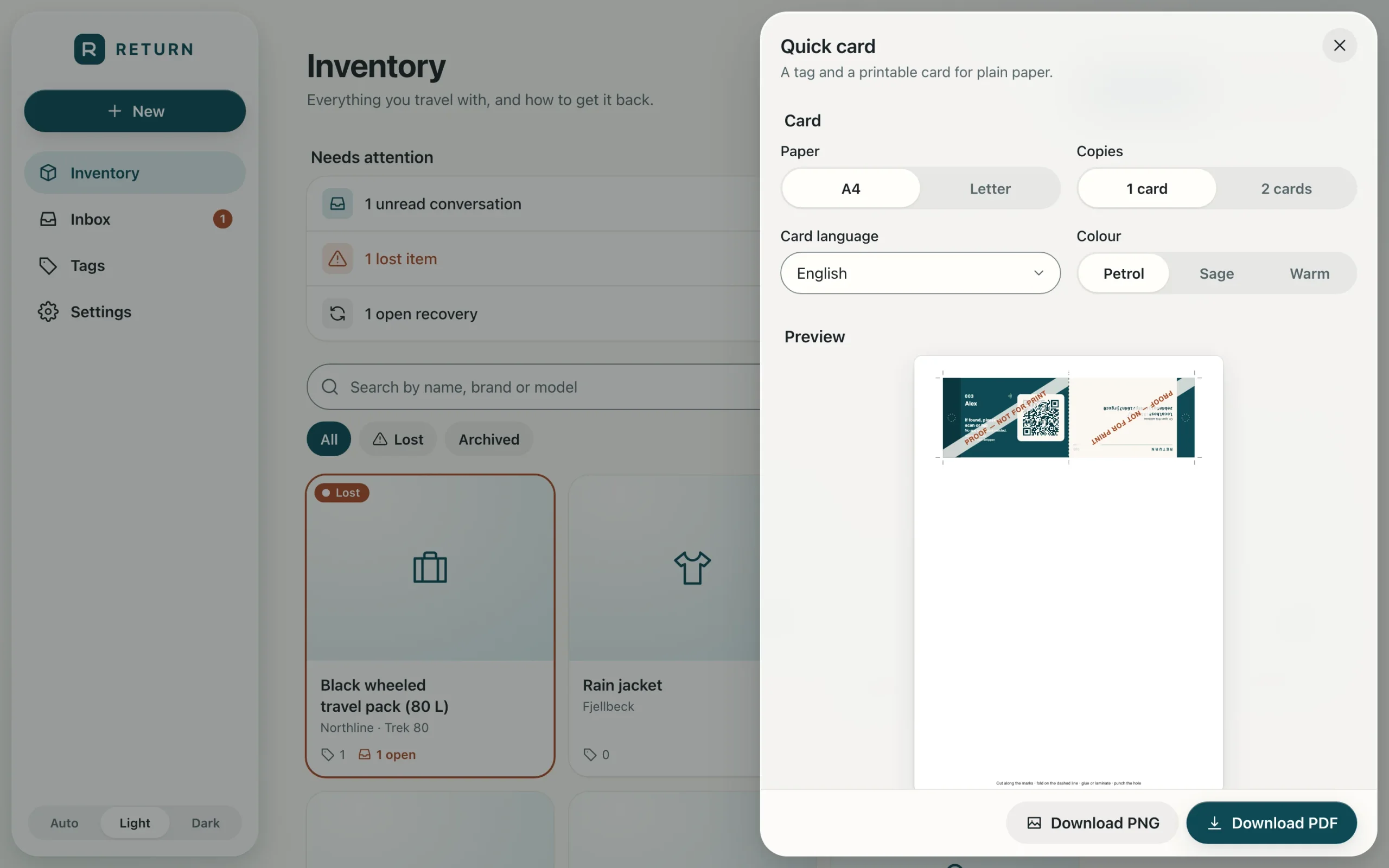 RETURN-Schnellkarte: druckbare Tag-Karte mit QR-Code, PDF oder PNG